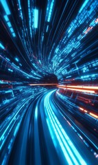 Poster - Hyperspace journey, zooming through a cosmic tunnel of glowing data streams and light trails