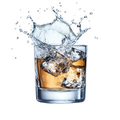 Poster - glass of whiskey with ice splashing, creating refreshing scene. vibrant colors and dynamic motion evoke sense of enjoyment and relaxation