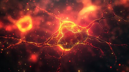 Poster - Glowing Neuron Network with Fiery Red and Orange Hues Detailed Scientific Visualization