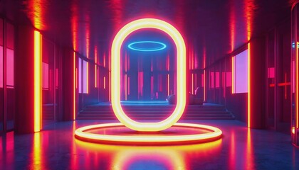 Fototapete - Glowing neon ring in a modern setting with reflective surfaces