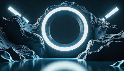 Fototapete - Futuristic scene with glowing neon ring and reflective textures