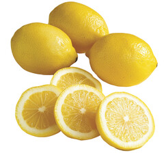 Poster - Fresh lemons and lemon slices arranged beautifully, showcasing their vibrant yellow color and juicy texture. Perfect for culinary uses or refreshing beverages