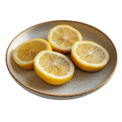 Poster - Fresh lemon slices arranged on speckled plate, showcasing vibrant yellow color and juicy texture. Perfect for culinary use or decoration