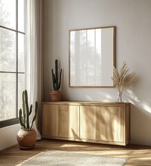 Poster - Minimalist Scandinavian Interior Scene with Wooden Cabinet, Cactus, and Empty Picture Frame