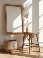 Aufkleber - Minimalist Scandinavian Interior with Wooden Table and Palm Leaf Arrangement