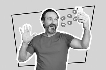 Leinwandbilder - Poster template collage of modern person have live stream blog video have many like reaction from subscribers repost