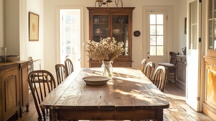 Wall Mural - Rustic Dining Room with Wooden Table and Natural Light Decor