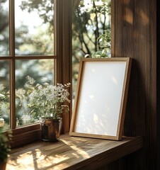 Poster - Cozy Scandinavian Interior Scene with Blank Picture Frame on Wooden Windowsill and Soft Natural Light