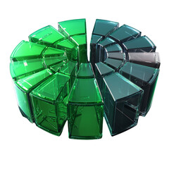 Poster - Translucent geometric shapes in green and blue arranged in circular pattern, creating modern and artistic design. interplay of light and color adds depth and visual interest