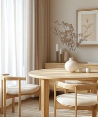 Poster - Scandinavian Dining Room Minimalist Interior Design Cozy Home Atmosphere Wooden Table Beige Chairs Natural Light