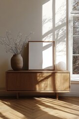 Poster - Minimalist interior design wooden sideboard blank picture frame natural light modern Scandinavian style