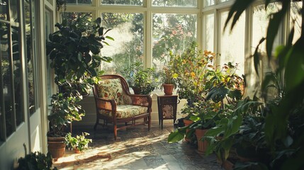 Wall Mural - Cozy Sunlit Conservatory Filled with Lush Green Plants and Flora