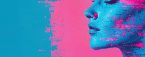 Poster - A vibrant profile image of a woman with a blue and pink color scheme, featuring digital patterns and effects for a modern, artistic feel.