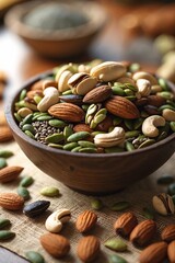 Poster - Mixed nuts and seeds in decorative bowl on wooden table with natural light