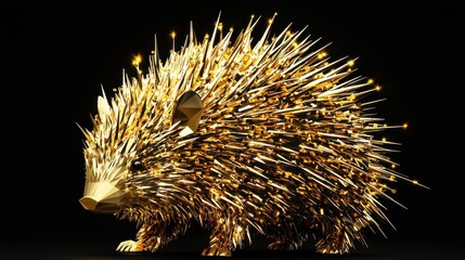 Poster - A polygonal low-poly golden porcupine, its spikes shimmering in metallic gold.