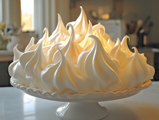 Wall Mural - Elegant Meringue Cake on White Stand with Kitchen Backdrop