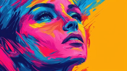 Poster - A vibrant and expressive portrait of a woman, showcasing bold colors and dynamic brush strokes against a bright background.