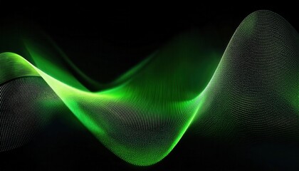 Poster - futuristic green wave with digital particle flow on black background, abstract technology concept for AI, data, and energy

