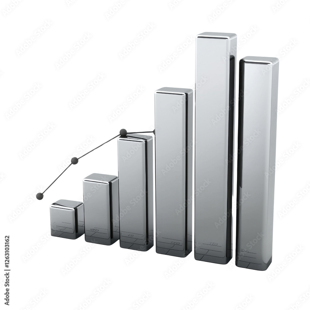 3D silver bar graph representing growth and progress, with line chart ...