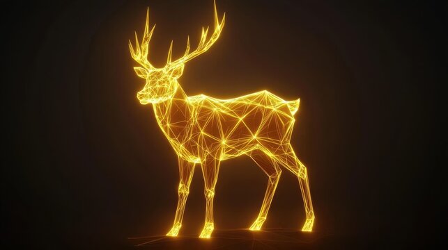 A powerful low-poly golden stag standing in a regal pose, crafted with glowing edges.