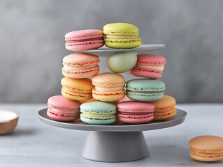 Wall Mural - Colorful macarons on cake stand, pastel sweets, gourmet French dessert