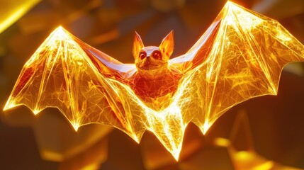 Poster - A radiant low-poly golden bat flying, with a crystal-like polygonal wing structure.