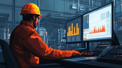 Industrial worker monitoring data on computer screens in a factory control room.