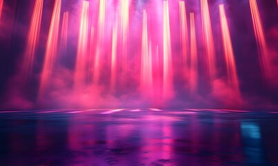 Poster - Abstract Scene with Vertical Light Beams and Reflective Surface in Purple Tones