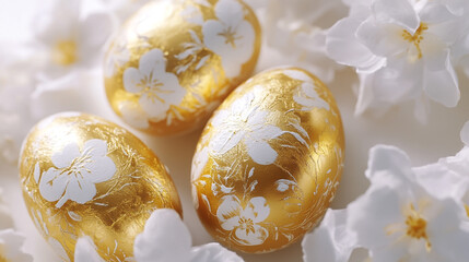 Wall Mural - Golden Easter eggs adorned with floral patterns nestled among delicate white blossoms