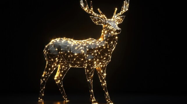 A radiant low-poly golden deer with large antlers, covered in glittering facets.