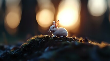 Poster - Tiny white rabbit silhouette on mossy ground against golden sunset bokeh background creates magical forest atmosphere, evoking fairy tale and nature storytelling mood.