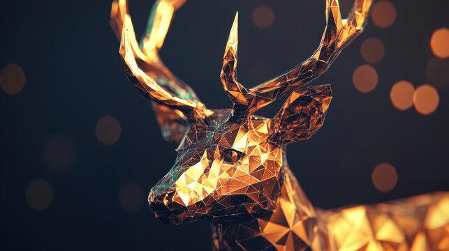 A radiant low-poly golden deer with large antlers, covered in glittering facets.