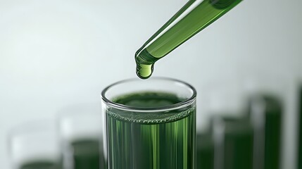Poster - Green liquid dropping from pipette into laboratory glass test tube against blurred scientific background, medical research concept.