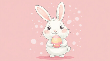 Wall Mural - Whimsical bunny celebrates Easter Sunday with a colorful egg, spreading joy and cheer in a pastel paradise