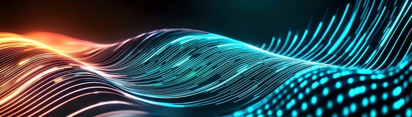 Poster - Abstract flowing waves of orange and turquoise light with glowing dots creating dynamic motion effect against dark background, modern futuristic design pattern.