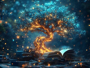 Sticker - Surreal Glowing Tree of Innovation Nourished by Books and Learning