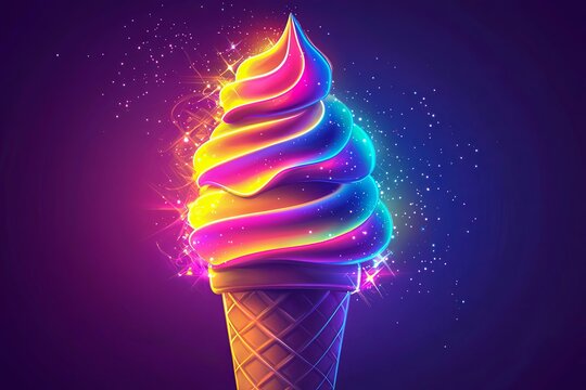 Neon rainbow ice cream cone with sparkles, dessert lover theme.