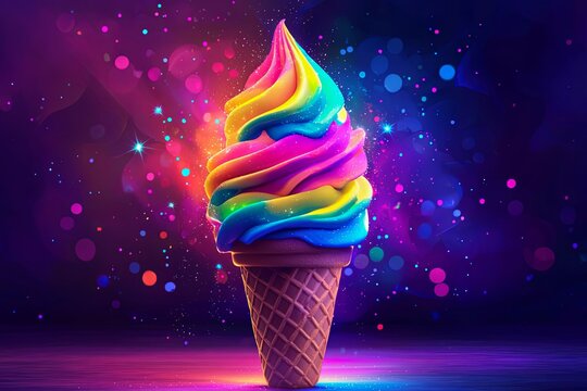 Neon rainbow ice cream cone with sparkles, dessert lover theme.