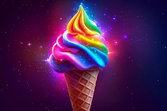 Neon rainbow ice cream cone with sparkles, dessert lover theme.