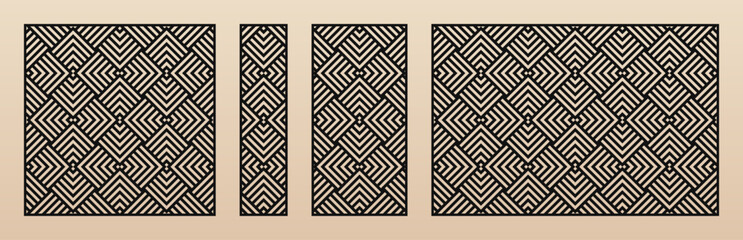 Aufkleber - Laser cut panel set. Vector template with abstract geometric pattern, lines, stripes, grid. Decorative stencil for CNC cutting of wood, metal, plastic, paper, plywood. Aspect ratio 1:1, 1:4, 1:2, 3:2