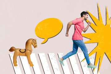 Poster - Composite art 3d creative image collage of happy man run copyspace speech bubble communication retro horse toy carousel dialogue