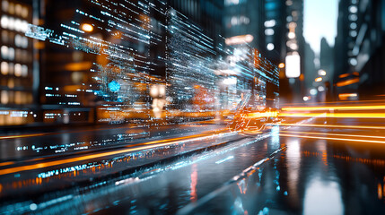 Poster - Dynamic nighttime cityscape urban environment digital art futuristic view motion blur concept for seo impact