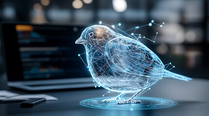 Poster - Digital bird transformation modern office 3d visualization tech environment close-up view cybernetic concept