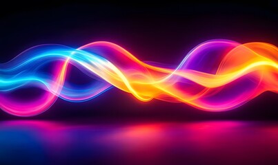 Poster - Abstract luminous waves with vibrant colors flowing on a dark reflective surface
