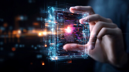 Poster - Dynamic interaction with a holographic interface futuristic setting digital art technology close-up innovation