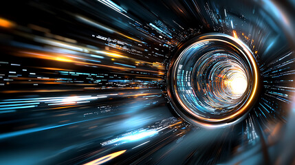 Poster - Dynamic light speed journey sci-fi tunnel digital art futuristic environment close-up view concept of motion