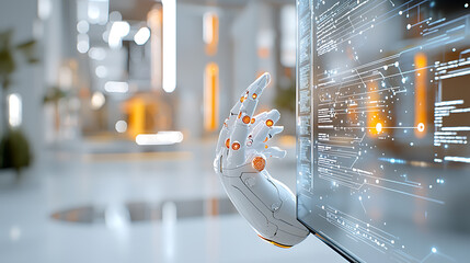Poster - Innovative robotic hand interacting with digital interface in a futuristic workspace technology modern design close-up view