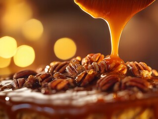 Wall Mural - Pouring Caramel Sauce Over Sweet Pecan Pie Dessert for Baking Concept