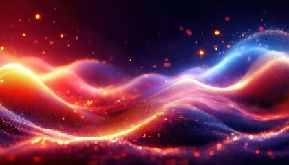 Poster - vibrant energy wave with glowing particles, fiery red and cool blue light trails, abstract digital art for futuristic background