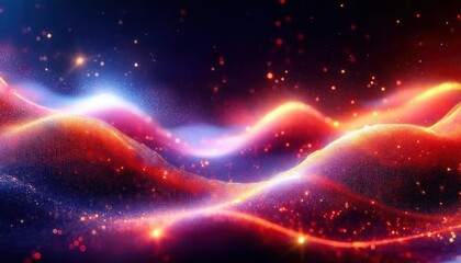 Poster - vibrant energy wave with glowing particles, fiery red and cool blue light trails, abstract digital art for futuristic background